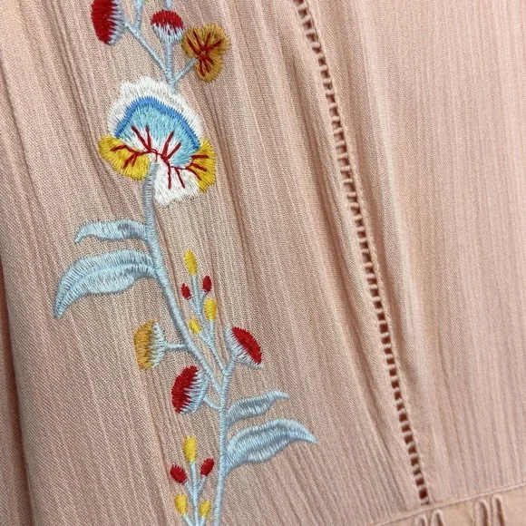 Entro Peach Embroidered Midi Dress Boho Floral Sleeveless Empire Waist Size L - Picture 8 of 14